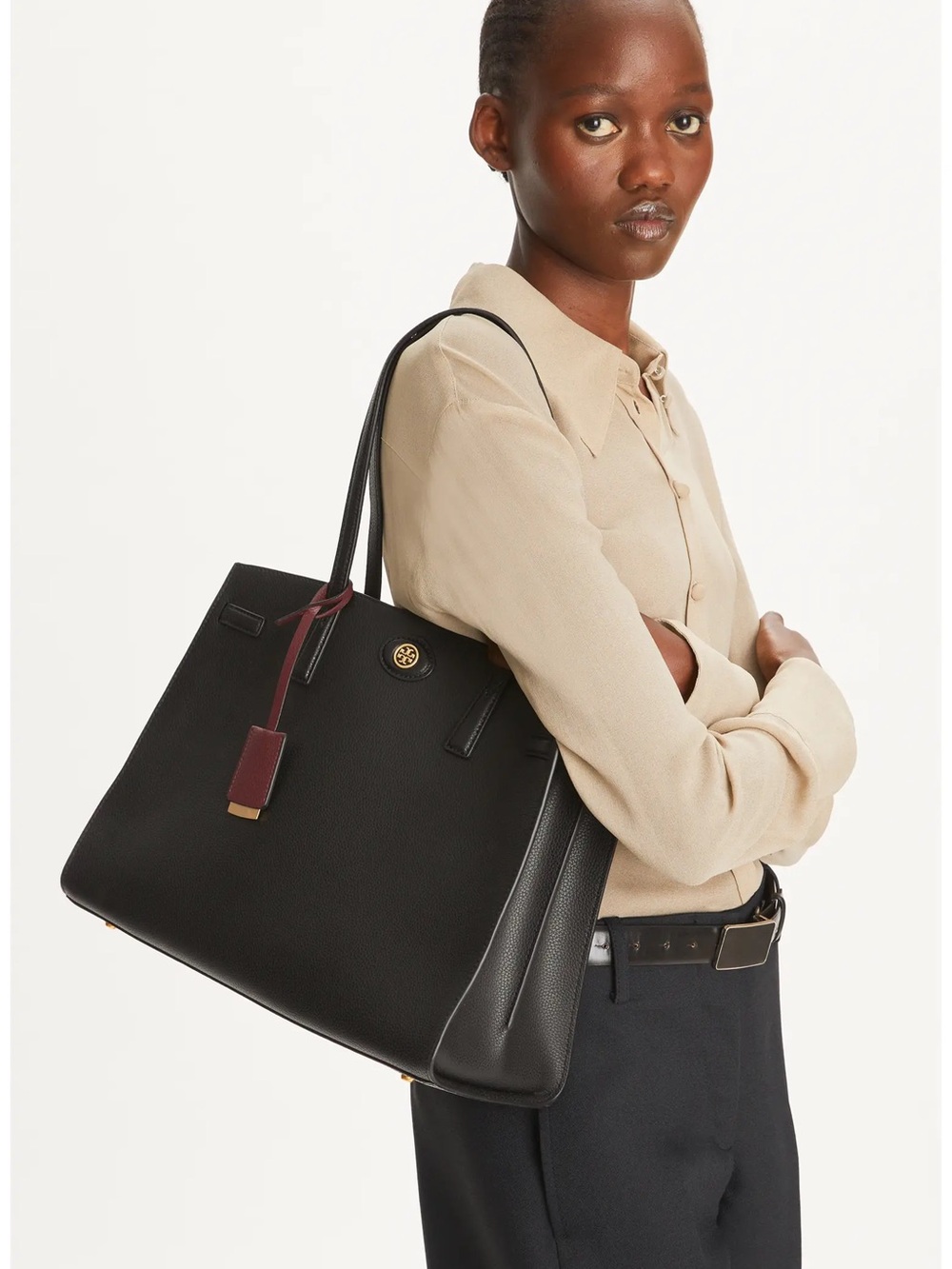 Tory Burch Black Leather Tote with Burgundy Tag - Picture 5 of 5